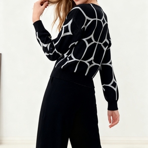 Fall Women's Jacquard V-Neck <b>Cardigan</b> <b>Sweater</b> & Long Pants Stylish Knit 2-Piece Set Fashion - Product Image 2