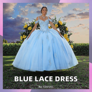 Mumuleo sevgiliye boyun çizgisi dantel aplikler kapalı omuz korse Lce mavi quincedress elbise - Product Image 3