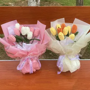 Вязаный цветок, готовый продукт, искусственный цветок, вязаный подарок ручной работы, искусственные цветочные корзины, букет