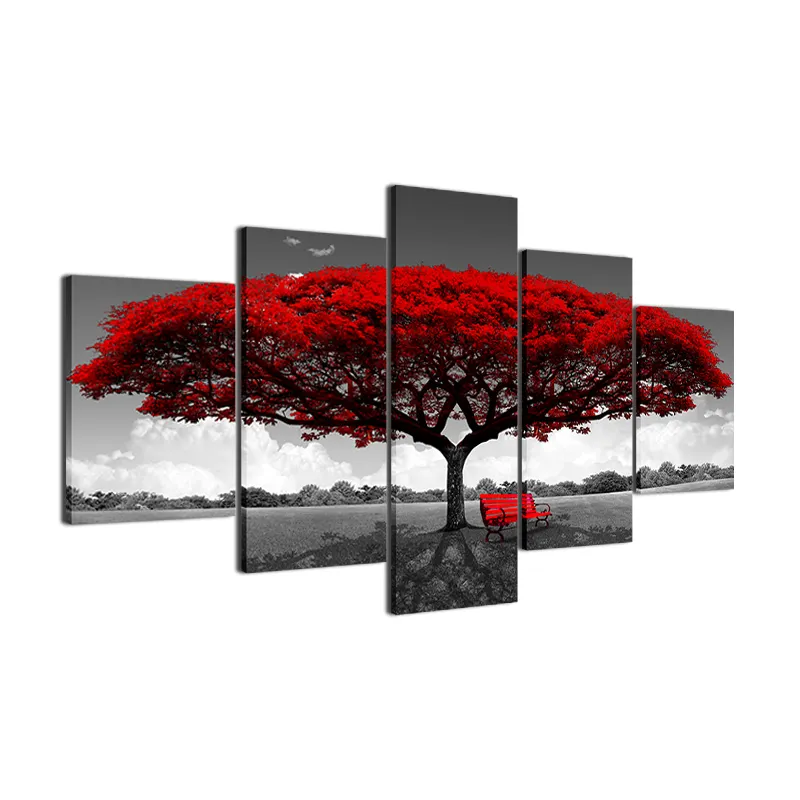Modern Canvas Pictures HD Prints 5 Pieces Red Tree Red Bench Landscape Living Room Home Decor Wall Artwork Painting Poster