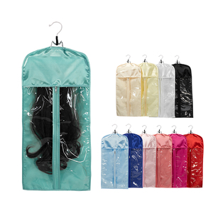 Custom Printed Logo Personalised Satin Silk Plastic Clear Wig Packaging Tote Bag Storage Hair Bags with Hanger Zipper for Wigs