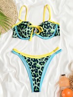 BAJU RENANG 4 Warna Motif Cheetah dengan Kawat Penyangga untuk Wanita, Set Bikini Brasil Ukuran S-XL