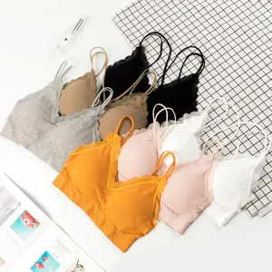 Venta al por mayor elástica sin costuras de doble correas bralette niñas acolchado extraíble camisola sexy v cuello tubo encaje superior inalámbrica deportes bra