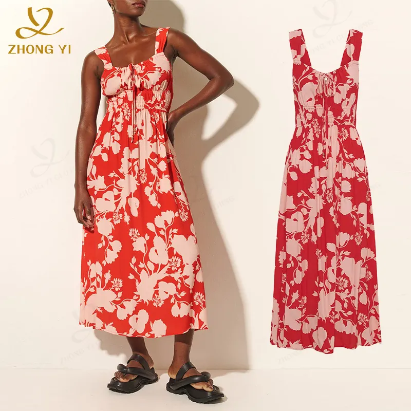 Custom 2024 Summer Women New Elasticated Bodice Elegant Suspender Elastic Waist Beach Midi Casual Linen Type Cloth Print Dress
