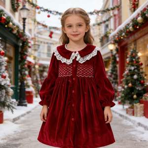 <span class=keywords><strong>Robe</strong></span> de Noël pour fille en velours polyester personnalisée avec col Peter Pan, dentelle et manches longues, <span class=keywords><strong>style</strong></span> smocké - Product Image 1