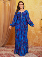 Robe de soirée maxi évasée modeste à imprimé plissé avec décoration de cristaux et de perles, col cœur, manches lanternes, taille plus, coupe aléatoire
