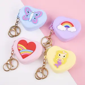 Factory Price Custom Zipper Soft Small Heart Shape Rubber Wallet Purse Mini Silicone Coin Pouch With Custom Strap