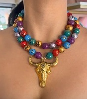 Nouvel Arrivage Collier Chunky Double Couche Perlé Coloré Tendance avec Pendentif Tête de Taureau et Corne d'Animal, Bijou Cadeau pour Femme et Homme pour Fête
