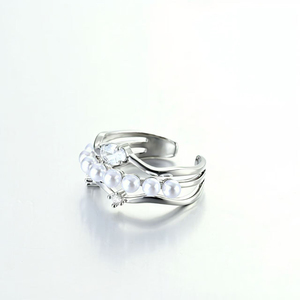 Wholesale Silver Color Multi Row Open <strong>Rings</strong> Alloy Pearls Zircon <strong>Ring</strong> Smooth <strong>Wavy</strong> Stacked Adjustable Fine Jewelry for Women Girls - Product Image 1