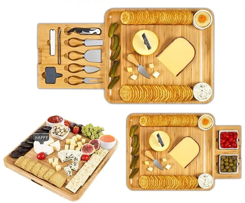 Bamboo Cheese Board Charcuterie Platter Serving Promotion Gift Cheese Knives Set Platter Set
