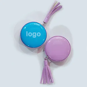 Gantungan kunci pengukur pita kain promosi grosir gantungan kunci pita Mini bulat kulit murah dengan pita pengukur Logo Mini