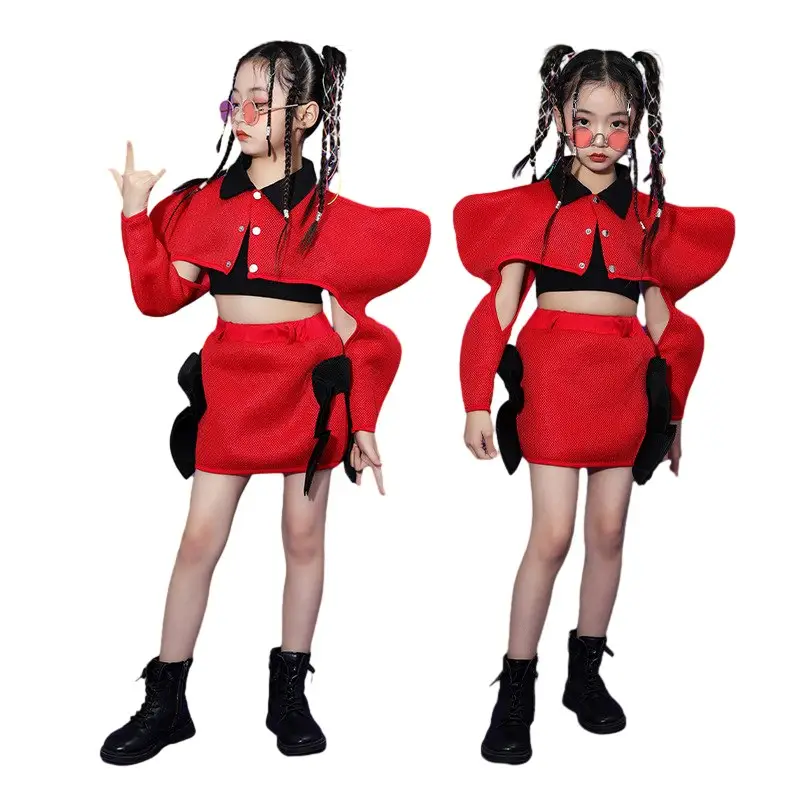 Conjunto de ropa de actuación de baile de Jazz rojo para chicas adolescentes Modelo de trajes de escenario para niños Ropa de baile para niñas