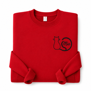 Felpa Girocollo Minimalista con Silhouette <span class=keywords><strong>di</strong></span> <span class=keywords><strong>Gatto</strong></span> Ricamata Personalizzata e Design del <span class=keywords><strong>Nome</strong></span> con Coda Circolare per Amanti dei Gatti, Regalo Personalizzato - Product Image 2