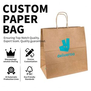 Sac en papier personnalisable de haute qualité, écologique, imprimé, blanc et brun, classique, en matériaux recyclés, avec poignées - Product Image 1