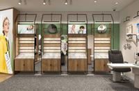 Trendige Mode-Sonnenbrillen Wandmontierte Eisen-Holz-Vitrine LED-Beleuchteter Optiker-Ausstellungsschrank