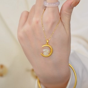 Rabbit Zodiac Pendant Hetian Jade White Jade Inlaid Gold Chain Necklace For Women Everyday Wear - Product Image 1