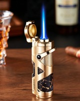 Briquet 3-en-1 au butane pour cigares et cigarettes avec allumage à bras oscillant, torche métallique coupe-vent, coupe-cigare intégré, logo personnalisé, vente en gros