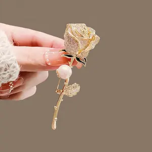 S925 chapeado casaco terno vestido decoração Rose Pin flor broche pérola acessório Corsage