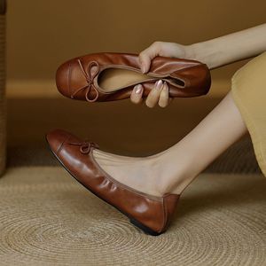 Ballet Flats Genuine Leather Round Toe Slip-On Solid Color Bow Decoration Spring Women's <b>Shoes</b> - Product Image 3