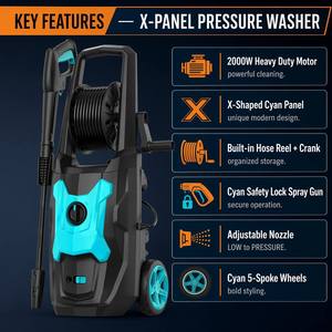 Nettoyeur haute pression électrique 2000W avec enrouleur de tuyau, conception X-Panel, machine de lavage de voiture portable, nettoyeur puissant, accent cyan, usage intensif - Product Image 4