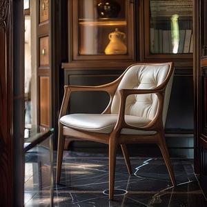 北欧ミニマリスト木製アームチェア ミニマリストホーム ソリッドウォールナットウッド レザーバックチェア - Product Image 6