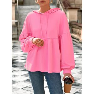 Fisoew Sudadera con capucha extragrande para mujer, manga larga, manga farol, con cordón, dobladillo peplum, suelta, color rosa - Product Image 2
