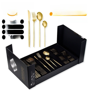 Ensemble de couverts 24 pièces en acier inoxydable, couteau, fourchette, cuillère, baguettes, coffret cadeau portugais (couleur or minimaliste) - Product Image 1