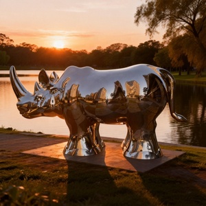 SENZHAO Stainless Steel Rhinoceros Sculpture Silver Plated Polished Modern Animal Art Collectible Statue - Product Image 3