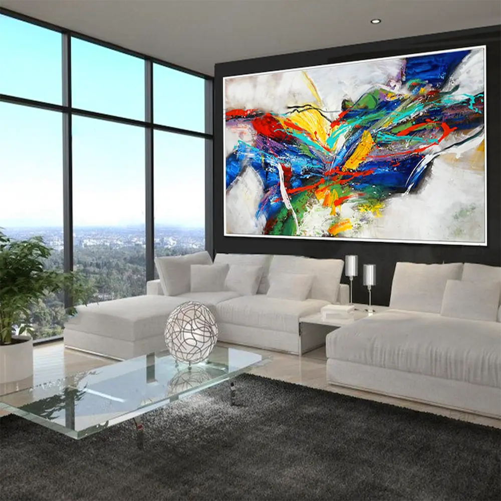 Pintura panorámica larga y esbelta de colores brillantes, pintura abstracta hecha a mano de gran tamaño, marco moderno de gran tamaño, arte de pared abstracto