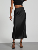 Jupes midi élégantes pour femmes, taille haute, en satin, respirantes, style décontracté printemps, couleur noire unie, populaires, en promotion