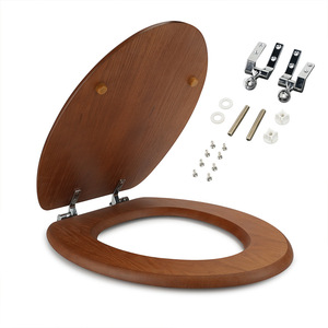 Asiento de Inodoro Redondo con Cubierta de Madera y Bisagras Cromadas, Kit de Repuesto de Herrajes - Product Image 1