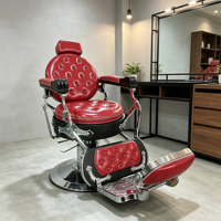 Fauteuil de barbier vintage rouge capitonné, robuste, hydraulique, inclinable, avec repose-pieds et appui-tête