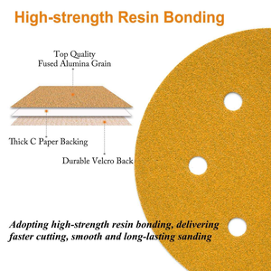 Papel de <span class=keywords><strong>lija</strong></span> superrecubierto de arena dorada <span class=keywords><strong>Circular</strong></span> de 6 agujeros de 5 pulgadas, herramienta abrasiva con respaldo de fieltro de arena amarilla de 125mm - Product Image 2