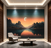 Papier peint mural Paysage Montagne Coucher de Soleil Lac Lune pour Salon, Hall d'Hôtel et Zone de Réception