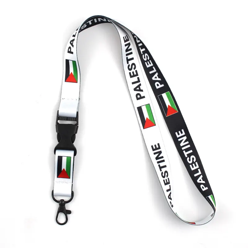 Pabrik grosir bendera Palestina gantungan kunci lanyard, hitam putih desain reversibel ID lanyard untuk kunci