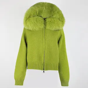 2023 nouvelle mode automne hiver décontracté à capuche réel col de fourrure de renard mode courte tricoté veste avec manteau de fourrure naturelle pour les femmes