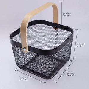 Hot Sale Black 4 Pack Hanging Storage <b>Shelf</b> Kitchen Storage Organization <b>Basket</b> Square Mesh Fruit <b>Basket</b> with Wooden Handle - Product Image 3