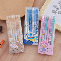 Lot de 6 crayons à mécanisme automatique en boîte, crayons créatifs à motifs de dessins animés, papeterie pour étudiants, crayons à pression pour la calligraphie et la peinture