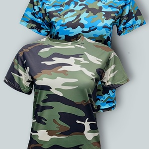 Camiseta Deportiva Casual de Verano para Mujer, de Spandex, Manga Corta, Camuflaje, Largo Regular - Product Image 2
