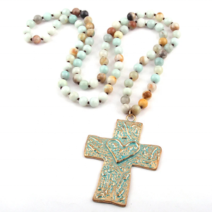 Primavera/Verano moda estilo bohemio joyería 8mm piedra Natural cristal nudo collar Metal amor Cruz verde colgante collar - Product Image 3