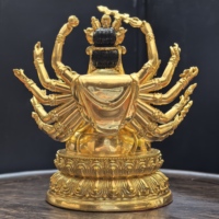 Statue de Guanyin à mille bras sur base en laiton, sculpture de Bouddha plaquée or véritable 24 carats faite à la main pour la décoration d'autels de temples et de maisons