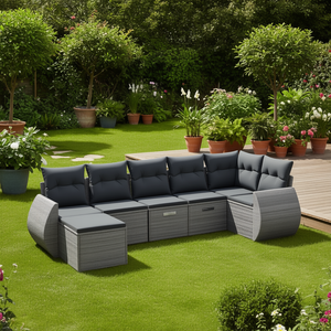 Ensemble de canapés de jardin modulaires en rotin PE gris, collection de meubles d'extérieur, coussins imperméables, design contemporain - Product Image 2