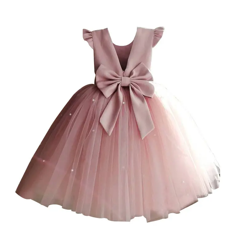 Vestido de tul de flores para niña pequeña, vestido de boda con lazo y espalda descubierta, ropa de fiesta de princesa rosa, vestidos con lazo para niña pequeña