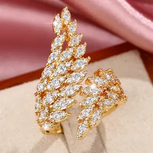 Caoshi anel de dedo 18k feminino, anel de folhas dedo ajustável de zircônia aberto dourado cor de rosa