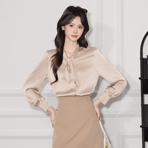 White Satin Shirt Long Sleeve Solid Color Ribbon Detail Work Blouse Women's Formal Wear Q6697 - Product Image 3