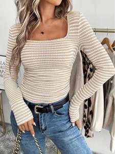Camiseta de Manga Larga a Rayas con Cuello Cuadrado y Corte Ajustado para Mujer, Estilo Urbano, con Contraste de Color, Poliéster, Primavera/Verano - Product Image 6