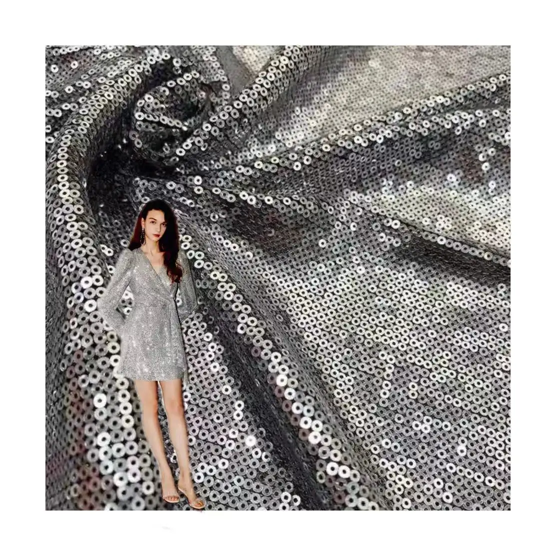 New Wholesale Tulle Dubai Embroidered Silver Sequin Bead Glitter Fabric For Ladies Dresses