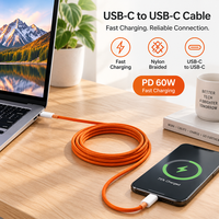 Câble de charge rapide USB-C 60W orange en nylon tressé, câble de données Type-C vers Type-C avec outil d'éjection de carte SIM pour iPhone 17 16 15 Pro Max