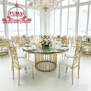 Meubles d'hôtel modernes, tables rondes à plateau en verre et base en acier inoxydable pour événements et banquets en plein air - Product Image 4