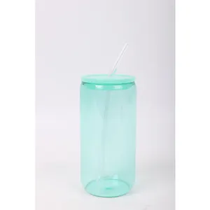 Giao Hàng Nhanh Thời Trang Đơn Giản 16Oz Cầu Vồng Rõ Ràng Rắn Màu Glass Soda Bia Có Thể Cup Với Nắp Tre